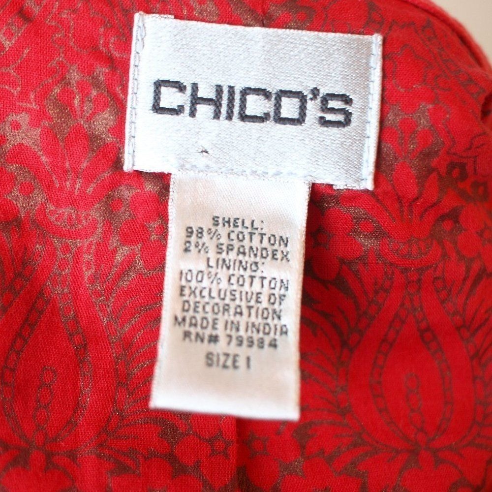 Chicos Red Statement Jacket Topper Size 1 M Open Front Patterned Blazer - Picture 9 of 11